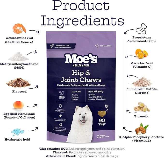 Moe’s Dog Joint Supplement 90 Soft Chews – Glucosamine, Chondroitin & Hyaluronic Acid with Vitamins C & E – Advanced Hip and Joint Support for Dogs – Ideal for Bone Health & Joint Pain Relief