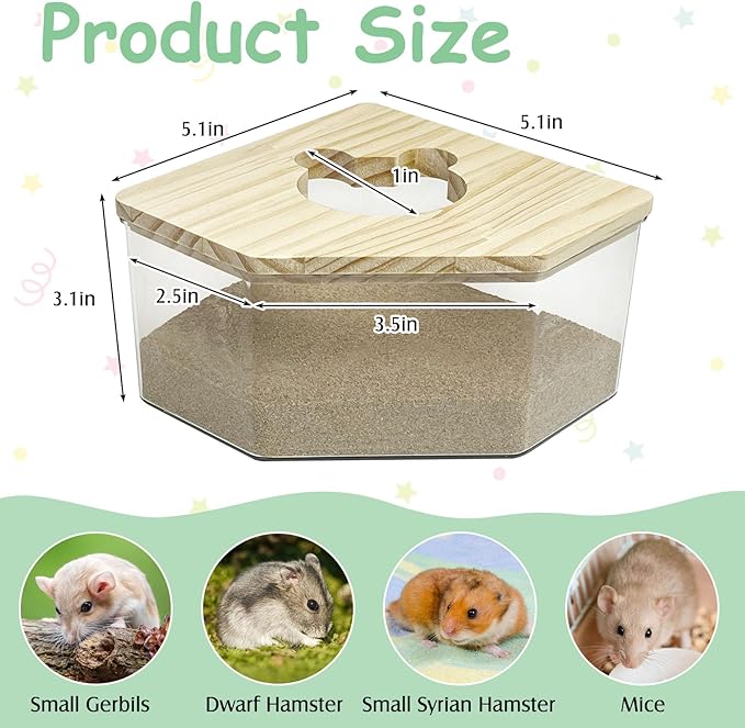 kathson Hamster Sand Bath Box Transparent Acrylic Small Animals Shower Bathtub Syrian Hamster Digging Sand Container Cage Accessories for Lemmings Gerbil Mice (Small Pentagon)