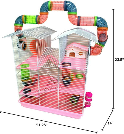 Pink Large Twin Tower 5-Floor Habitat Hamster Mansion Rodent Gerbils Mouse Mice Small Animal Home Cage with Top Crossing Tube Tunnel Expandable and Customizable