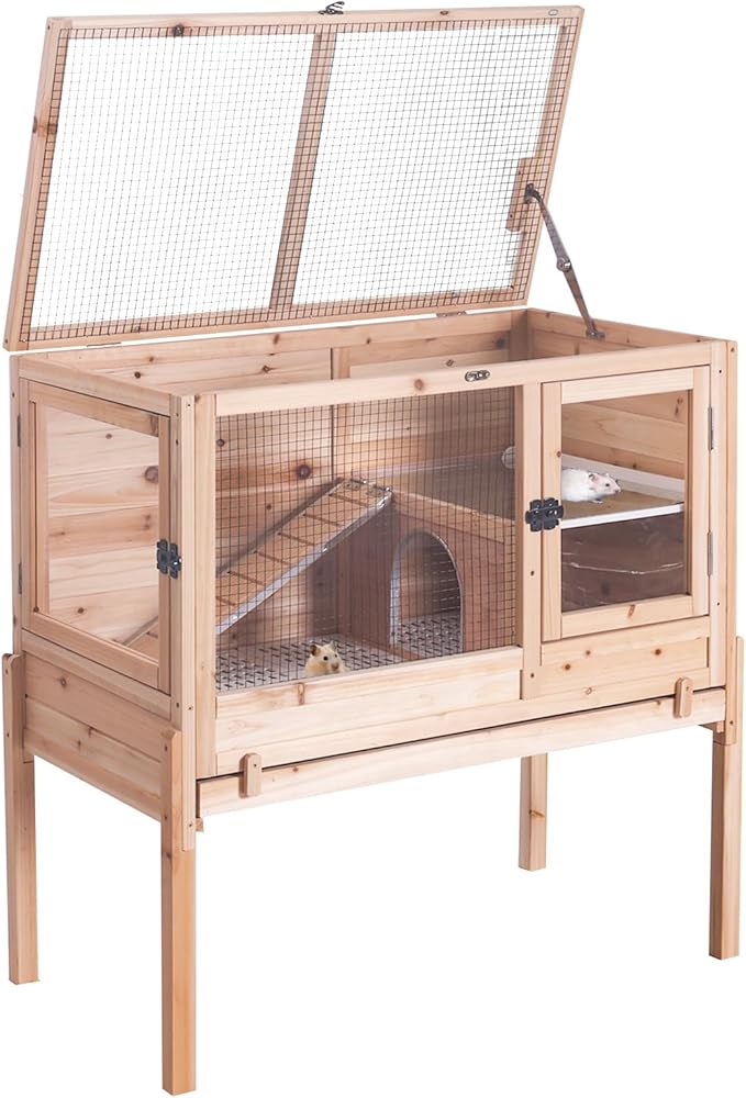 Wooden Guinea Pig Cages Indoor,Two-Story Wooden Rabbit Cage Hutch with Removable Stand and Pull Out Tray, Small Animals Cage Habitat with Ramp and Plastic Mesh(Natural Wood Color)