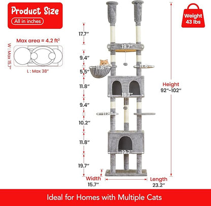 Cat Tree, Floor to Ceiling Cat Tower Adjustable Height [92-102 in=235-257cm], 8 Tiers Cat Climbing Play House with Scratching Post, 2 Cozy Condos&Hammocks for Indoor Cats, Light Grey