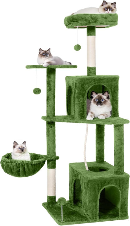 Cat Tree, 54-Inch Cat Tower for Indoor Cats,Plush Multi-Level Cat Condo with Scratching Posts, Basket, Perches,2 Caves,2 Pompoms(Green)