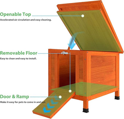 Coziwow Rabbit Hutch, Outdoor Cat House Weatherproof, Bunny Cage Indoor with Openable, Portable Small Animals Shelters with Nonslip Ramp for Hideout Rabbits/Feral Cats/Chicken/Small Animals-Orange