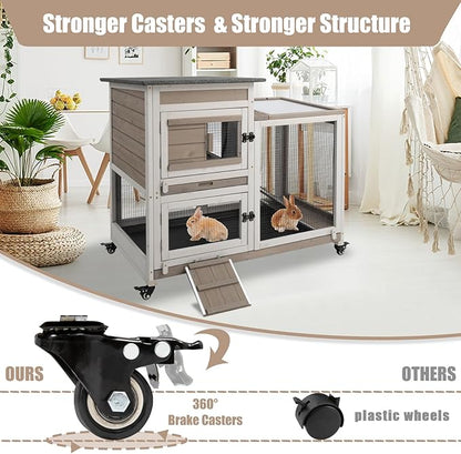Rabbit Hutch Indoor 40" L Large 2 Story Outdoor Wooden Bunny Hutch with Run, 4 Metal Wheels & 2 Deeper Trays, UV-Proof Panel Rabbit Cage Guinea Pig Pet House for Small-Medium Animals