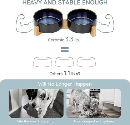 SPUNKYJUNKY Ceramic Dog and Cat Bowl Set with Wooden Stand, Modern Cute Weighted Food Water Set for Small Size Dogs (13.5OZ) & Medium Sized Dogs (28.7OZ) & Cats (1.7 Cups, 2 × Starry Blue)
