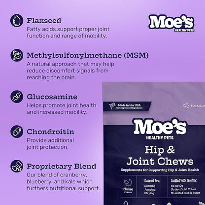 Moe’s Dog Joint Supplement 90 Soft Chews – Glucosamine, Chondroitin & Hyaluronic Acid with Vitamins C & E – Advanced Hip and Joint Support for Dogs – Ideal for Bone Health & Joint Pain Relief