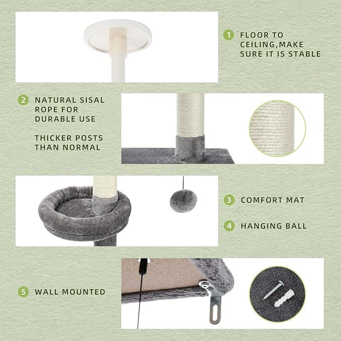 PETEPELA Floor to Ceiling Cat Tree, Cat Tower 5-Tier Height(95-107 Inches) Adjustable, Tall Cat Climbing Tree Featuring with Scratching Post, Cozy Bed,Interactive Ball Toy for Indoor Cats/Kitten Grey