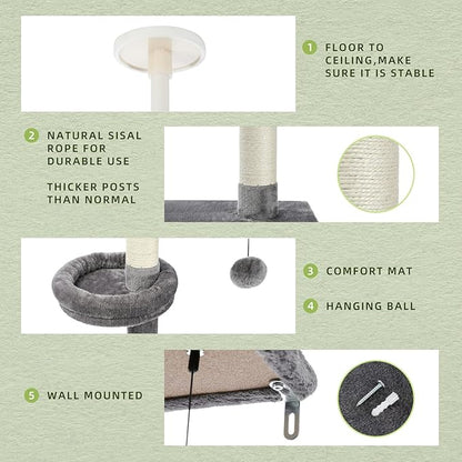 PETEPELA Floor to Ceiling Cat Tree, Cat Tower 5-Tier Height(95-107 Inches) Adjustable, Tall Cat Climbing Tree Featuring with Scratching Post, Cozy Bed,Interactive Ball Toy for Indoor Cats/Kitten Grey