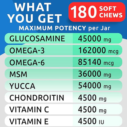 BARK&SPARK Glucosamine Chondroitin Dog Hip & Joint Supplement - Joint Pain Relief - Hip & Joint Chews - Joint Support Large Small Breed - Senior Doggie Vitamin Pill Joint Health (180 Treats - Bacon)