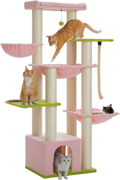 Pink 67" Heavy Duty Cat Tree for Indoor Cats Large Adult, XXL Cat Tower with 13 Thick Scratching Posts (φ4.3), Large Perch, Spacious Condo & Big Hammock - for Maine Coon up to 20 lbs