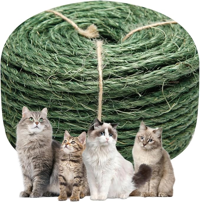 Green Sisal Rope 1/4 Inch by 164-Feet for Cat Scratching Post Tree Tower Replacement Repair and Replace, DIY Hemp Twine Rope for Kittens Shelves Furniture Window Bed Perch House Climbing, 6mm by 50m