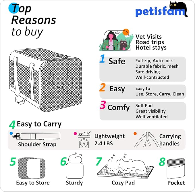 petisfam Easy Load Soft Pet Carrier Bag Cat for Medium, Large Cats, Puppy, Sturdy, Collapsible, Comfy, Black w/Blue Trim, L