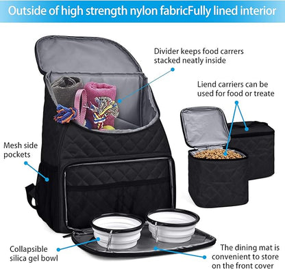 BAGLHER Dog Travel Bag, Airline Approved Pet Supplies Backpack, Dog Travel Backpack with 2 Silicone Collapsible Bowls and 2 Food Baskets, Black