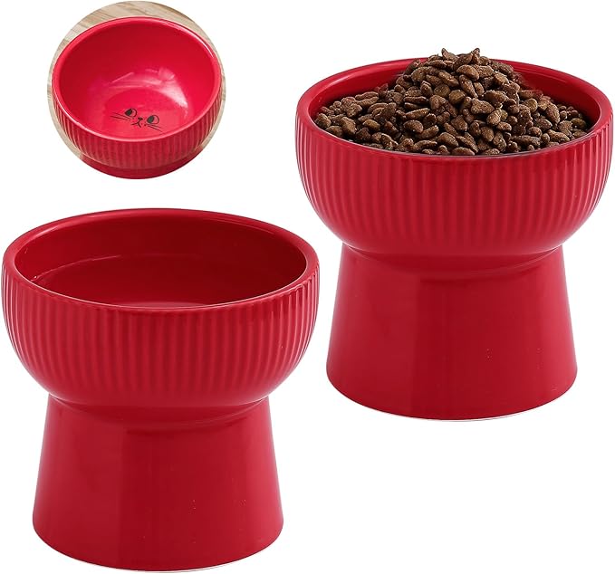 Ceramic Raised Cat Bowls, Elevated Cat Food and Water Bowls Set, 15 oz Porcelain Stress Free Pet Feeder Bowl Dish for Cats and Small Dogs, Dishwasher and Microwave Safe - Set of 2, Red