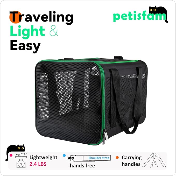 petisfam Easy Load Pet Carrier Bag for Medium and Large Cats with Durable Double-Thickness Fabric and Stable Structure. Black w/Green Trim, L
