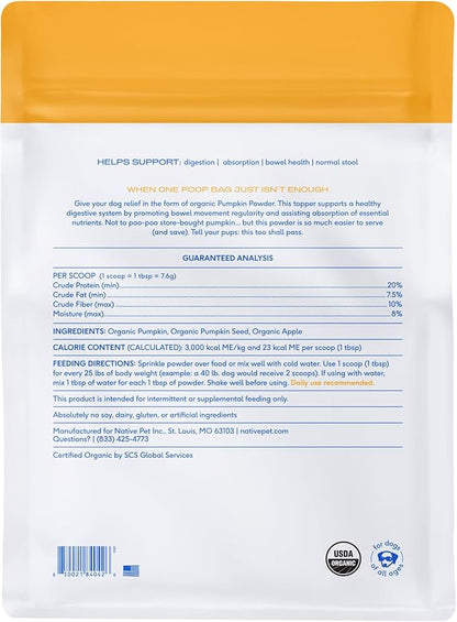 Native Pet Pumpkin for Dogs - Organic Powder Pumpkin Puree Dog Food Toppers-Rich in Fiber Supplement Powder Helps with Digestion, Nutrient Absorption, Diarrhea, Constipation & Upset Stomach-120 Scoops