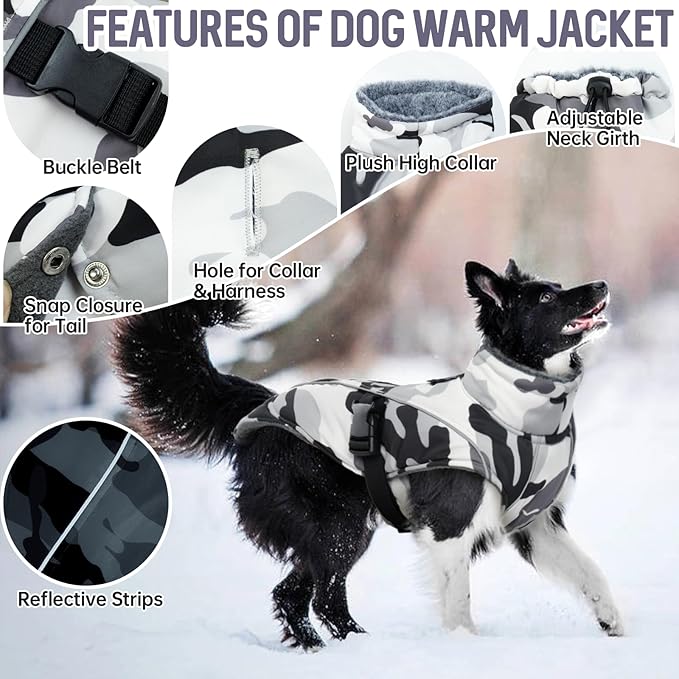 DENTRUN Small Dog Winter Warm Coat - Windproof Cozy Jacket, Thick Fleece Vest with Adjustable Belt, Water Repellent, Reflective Dog Sweater for Yorkie Dachshund Wear, White Camo, S