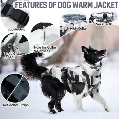DENTRUN Small Dog Winter Warm Coat - Windproof Cozy Jacket, Thick Fleece Vest with Adjustable Belt, Water Repellent, Reflective Dog Sweater for Yorkie Dachshund Wear, White Camo, S