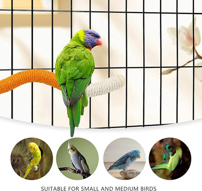 11 x 0.9 inch Bird Perch Parrot Stand Cage Accessories Natural Wooden Stick Paw Grinding Rope-surfaced Chew Toy Standing Rod for Exercise Training Branches (Curved-Orange+Blue)