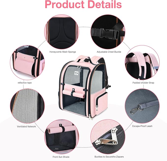 Lekebobor Large Cat Backpack Carrier Expandable Foldable Pet Carrier Backpack for Small Dogs Puppy Medium Cats Fit Up to 18 Lbs for Travel, Hiking,Pink