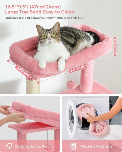 PEQULTI 56.3'' Cat Tree for Large Cats with Super Large Top Perch, Tower for Indoor Cats with Hammock and Sleeping Bag, Cat Shelves with Scratching Posts and 2 Condos Houses Pink