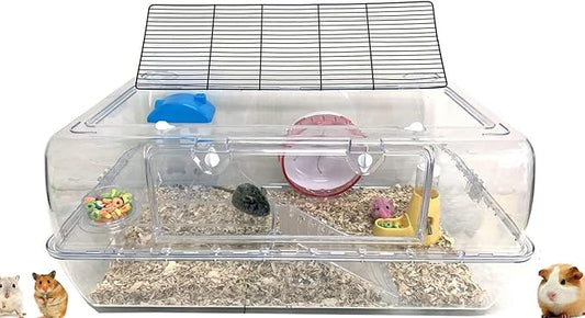 X-Large Acrylic 2-Levels Hamsters Mice Gerbils Deluxe Palace House Habitat Home with Large Running Wheel Water Bottle Tower Food Bowl Hide House Deep Base Ground Expansion Outlets