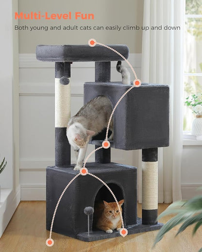 XL Cat Tower 44" Cat Tree for Large Cats 20 lbs+, 2 Spacious Condos with 3.4" Thickened Scratching Post, Large Top Perch, 2 Interactive Toys, Dark Grey