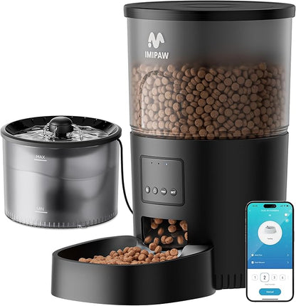 Automatic Cat Feeder 5G WiFi and Water Dispenser, Timed Dry Food Dispenser APP Remote Control, Programmable Portions, with Desiccant, Cat Fountains for Drinking with Filter, Small Pets (Combo)