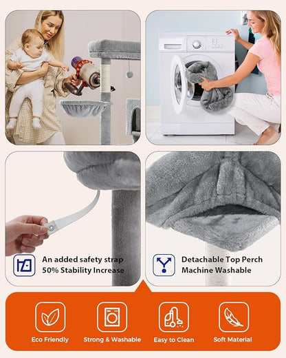 PEQULTI 56.3'' Cat Tree for Large Cats with Super Large Top Perch, Tower for Indoor Cats with Hammock and Sleeping Bag, Cat Shelves with Scratching Posts and 2 Condos Houses Grey