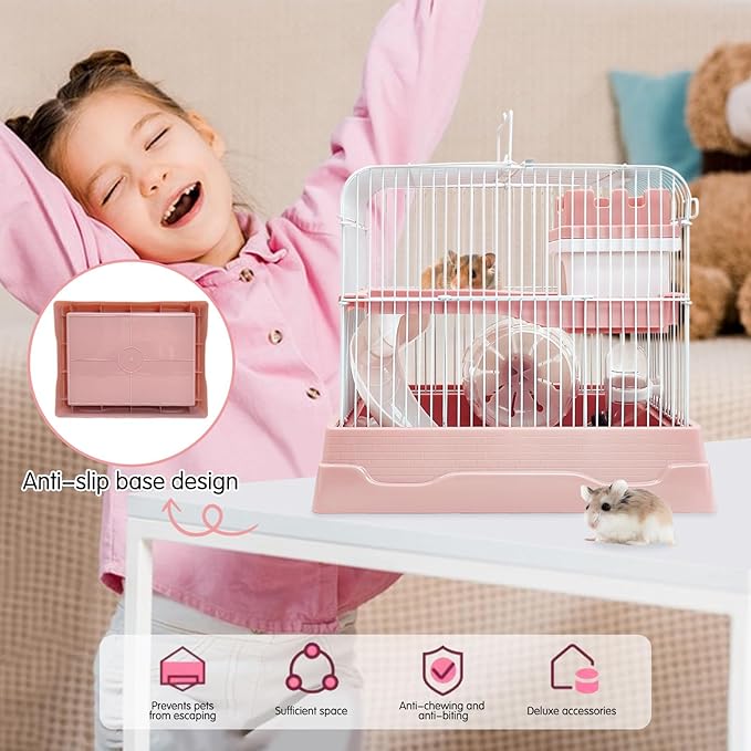 PINVNBY 2-Tier Dwarf Hamster Cage, Travel Portable Mouse Cage Gerbil Cages and Habitats Small Animal Carrier with Castle House Running Exercise Wheels, Water Bottle and Food Dish（Pink）