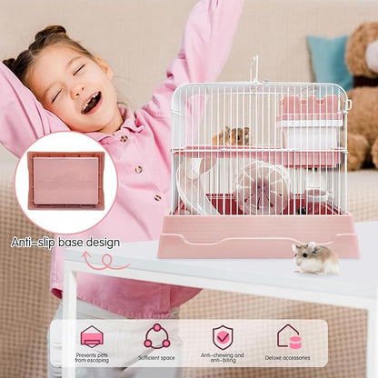 PINVNBY 2-Tier Dwarf Hamster Cage, Travel Portable Mouse Cage Gerbil Cages and Habitats Small Animal Carrier with Castle House Running Exercise Wheels, Water Bottle and Food Dish（Pink）