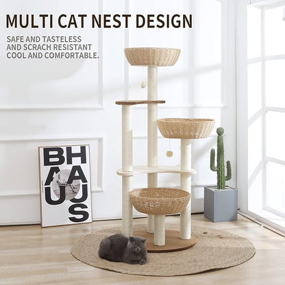 52" Modern Cat Tree Tower for Large Cats, 3Cat Nests Manual Hand Woven Multilevel Huge Paws Pals Cat Tree, Wood Cat Tower, Cat Scratching Tree, Cat Condo, Cat Lover Gift
