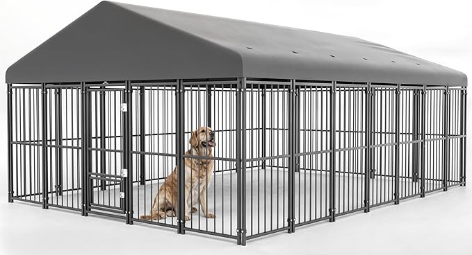 10X14FT Large Dog Kennel Outside with Feeding Door, Heavy Duty Dog Cage with Roof and Double Safety Locks, Outdoor Dog Enclosure for Pets