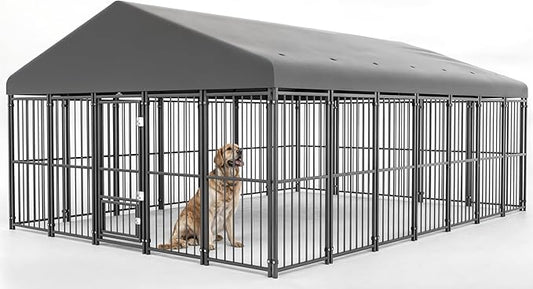 10X14FT Large Dog Kennel Outside with Feeding Door, Heavy Duty Dog Cage with Roof and Double Safety Locks, Outdoor Dog Enclosure for Pets