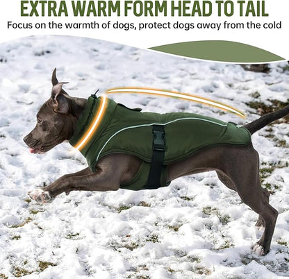 DENTRUN Extra Large Warm Dog Jacket - Windproof Water Repellent Reflective Coat, Adjustable Plush Turtleneck, Easy Wear Fleece Lined Cold Weather Vest for Great Dane, Army Green, XXXL