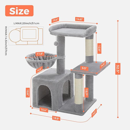 Cat Tree for Indoor Cats with Metal Frame Plush Hammock, 32" Cat Tower with Cozy Condo, Top Perch, Scratching Posts, and Replaceable Ball Toy, Pet Furniture for Small Cats & Kittens, Grey