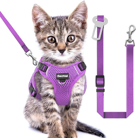 Kitten Harness and Leash Seat, The Upgrade Can be Adjusted in Four Directions and Breathable Cat Harness for Anti Escape That can be Fitted and Positioned, Reflective Strips Harness, Purple,XXS
