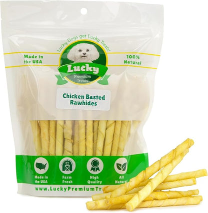 Chicken Basted Rawhide Twist Sticks Dog Treats – 60ct. Premium Rawhide Chew Sticks – Long Lasting Chicken Flavored Chews for Small Dogs Made in USA with Natural Beef Hide