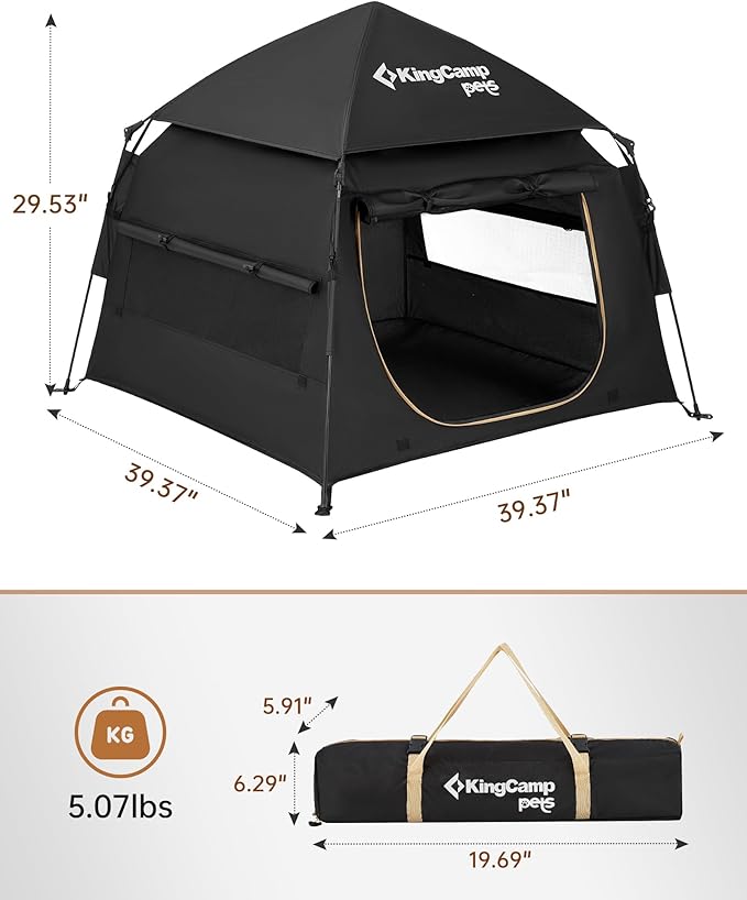 KingCamp Dog Tent, Large Portable Outdoor Indoor Dog House with 600D Oxford Fabric & Dual Layer for Medium Large Dogs, Jet Black