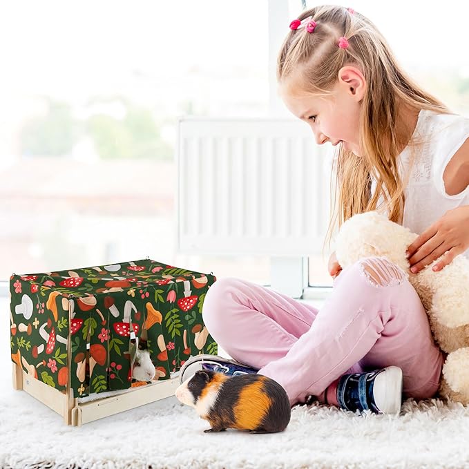 Glittme Guinea Pig Hideout, Wooden Guinea Pig Bed with Waterproof Mat, Durable Rabbit Bed with Door Curtain for Guinea Pig, Rabbit, Ferret, Squirrel, Bunny, Black