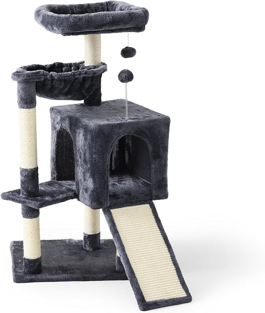 37-inch Cat Tree Tower with Multi-Level Cat Condo, Scratching Posts,2-Door Cat Cave,Grey