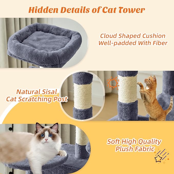 Sweetcrispy 44 inch Cat Tree Tower, Multi-Cat Climbing Tower with Condo, Natural Sisal Scratching Posts, Extended Platform, Hammock, Pet House for Indoor Cats and Kittens Play, Dark Grey