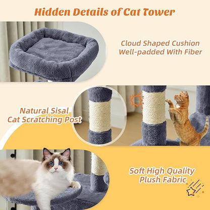 Sweetcrispy 44 inch Cat Tree Tower, Multi-Cat Climbing Tower with Condo, Natural Sisal Scratching Posts, Extended Platform, Hammock, Pet House for Indoor Cats and Kittens Play, Dark Grey