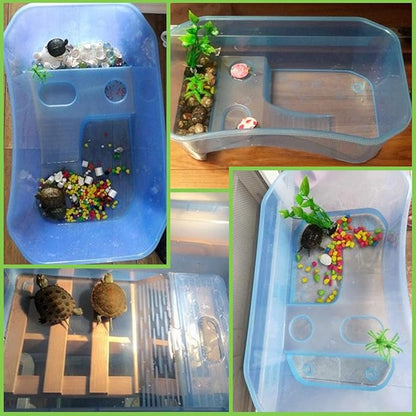 PINVNBY Plastic Turtle Tank Reptile Habitat Pet Terrariums Turtles Tank Aquarium Terrapin Topper Basking with Platform Plants,Durable,Safe, Non-Toxic(Blue)