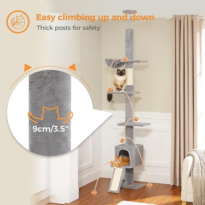 PETEPELA Floor to Ceiling Cat Tree[83"-108"], Cat Tower 5 Levels, Height Adjustable, Cat Scratching Post with Top Perches and Spacious Condo for Large Indoor Cats, Dark Grey