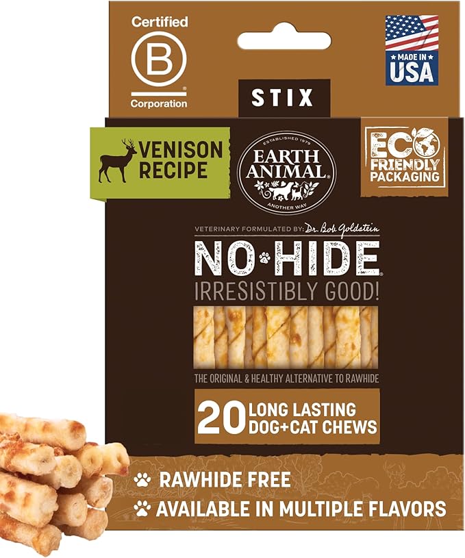 Earth Animal No-Hide Stix Venison Recipe Natural Rawhide Alternative Dog & Cat Chews - 20 Count Value Pack