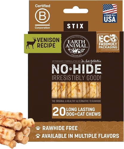 Earth Animal No-Hide Stix Venison Recipe Natural Rawhide Alternative Dog & Cat Chews - 20 Count Value Pack