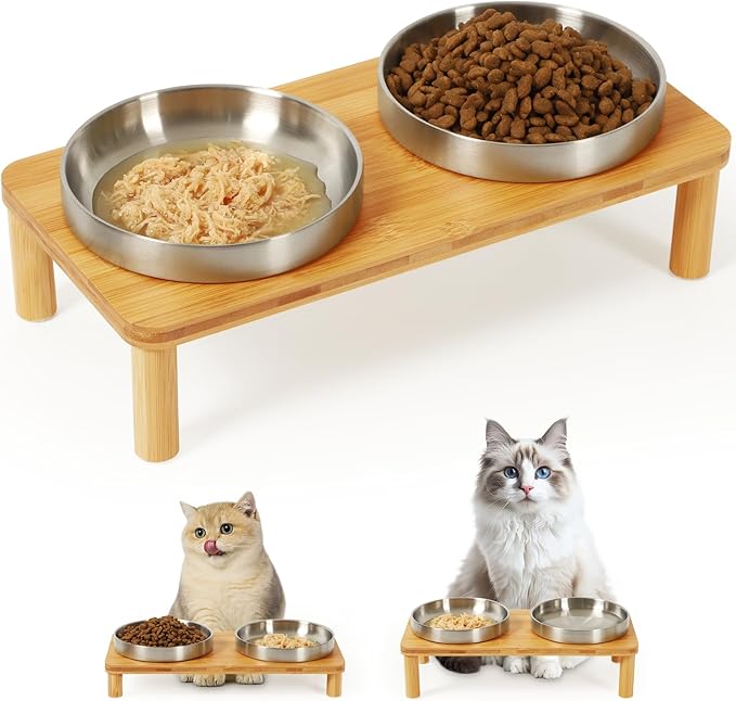 Elevated Cat Bowls for Indoor Cats – Raised Bamboo Cat Food Table with 2 Stainless Steel Dishes, Adjustable Height (4.25"/3.07"), Whisker Friendly Feeding Station