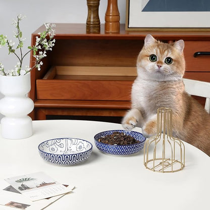 Selamica Ceramic Cat Food Bowl Set of 4, 5.6 Inch Wide Shallow Cat Bowls/Dishes for Food and Water, Vintage Blue