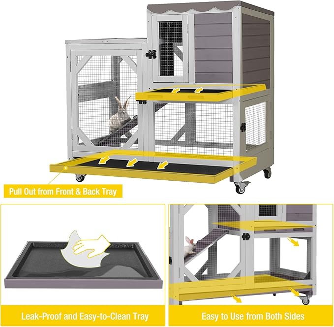 Aivituvin Rabbit Hutch Indoor Bunny Cage Outdoor 2-Story Guinea Pig House with Chew-Proof Ramp, Leak-Proof Tray, Lockable Wheels for Rabbits, Guinea Pigs, Small Animals (Grey)
